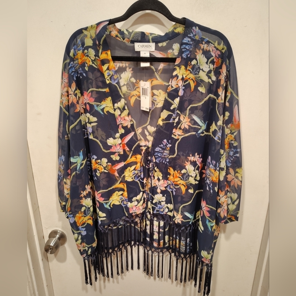Carmen Marc Valvo NWT Blue Floral Chiffon Fringe Hem Kimono Cardigan Sz S Sheer